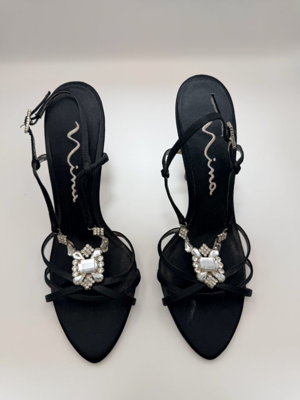 Nina Black Strappy Rhinestone Crystal Evening Heels Size 9M Wedding Black-Tie